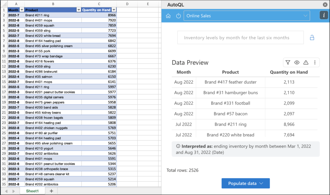 Inventory levels with AutoQL for Excel