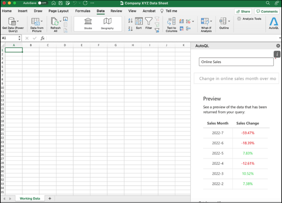 AutoQL Excel for Sales Trends